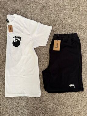 Stussy White Graphic Tee & Black Sweatshorts Set